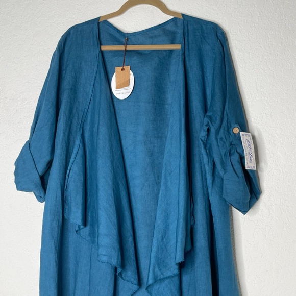 Made In Italy 100% Linen NWT Roll Tab Draped Open Long Overlay One Size Blue - Picture 2 of 14